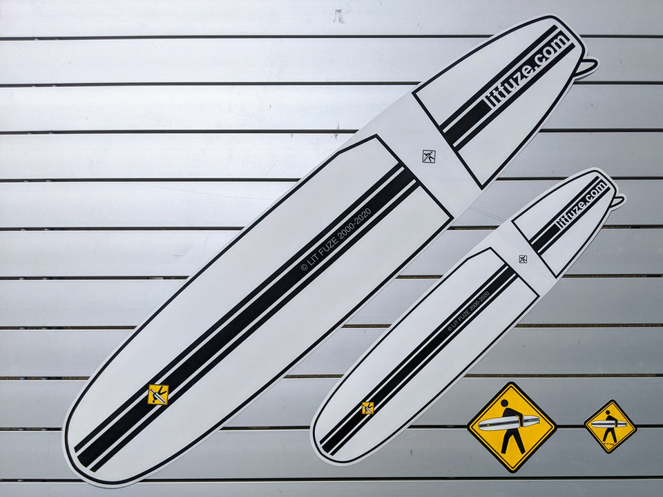 Sticker 4-Pack #litfuze LONGBOARD SURFBOARD STICKERS & SURFER PED XING STICKERS | 20th Anniversary Vintage Collection | © LIT FUZE 2000-2020