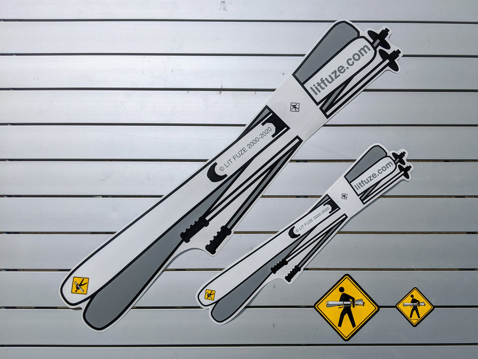 Sticker 4-Pack #litfuze SKIS & POLES STICKERS & SKIER PED XING STICKERS | 20th Anniversary Vintage Collection | © LIT FUZE 2000-2020