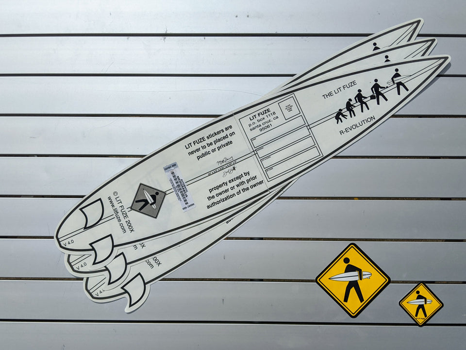 Sticker 5-Pack #litfuze Old-School SHORTBOARD SURFBOARD STICKERS & SURFER PED XING STICKERS | Est. 1999 Santa Cruz, CA Original | © LIT FUZE 2000-2020