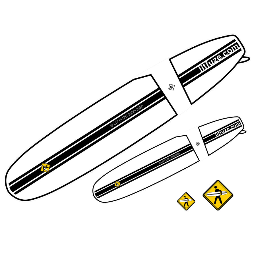 Sticker 4-Pack #litfuze LONGBOARD SURFBOARD STICKERS & SURFER PED XING STICKERS | 20th Anniversary Vintage Collection | © LIT FUZE 2000-2020