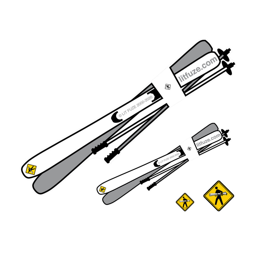 Sticker 4-Pack #litfuze SKIS & POLES STICKERS & SKIER PED XING STICKERS | 20th Anniversary Vintage Collection | © LIT FUZE 2000-2020