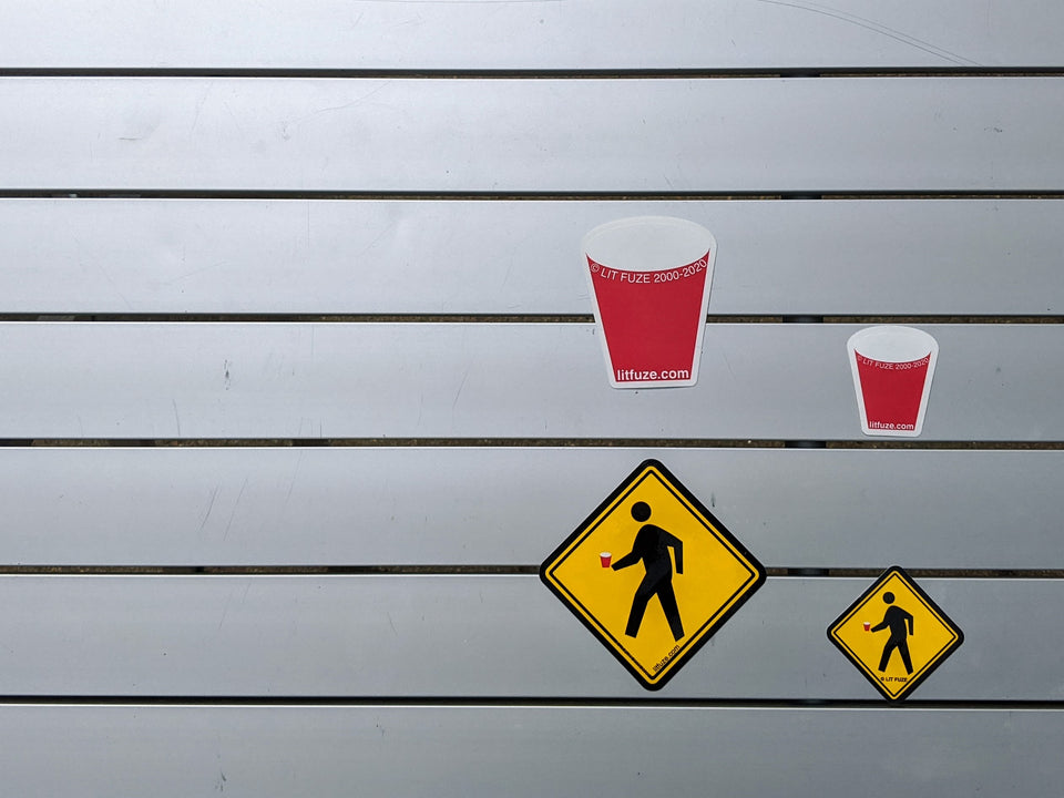 Sticker 4-Pack #litfuze SINGLE RED PLASTIC CUP STICKERS & "Solo Parody" PED XING STICKERS | META Collection | © LIT FUZE 2000-2020